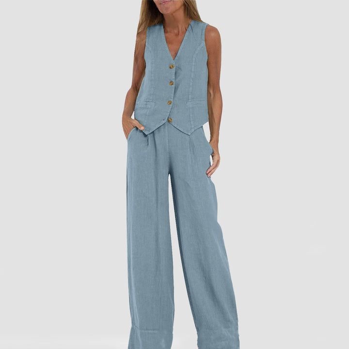 Emma Sheridan | Linen Vest & Wide-Leg Pants Set For Women