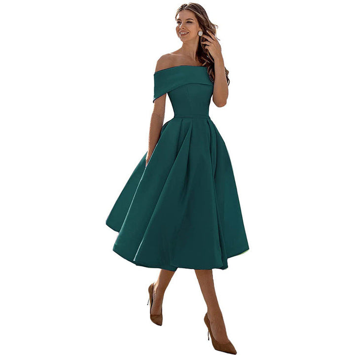 Phoebe Walker | Off-Shoulder Tea Length Satin Dress For Women