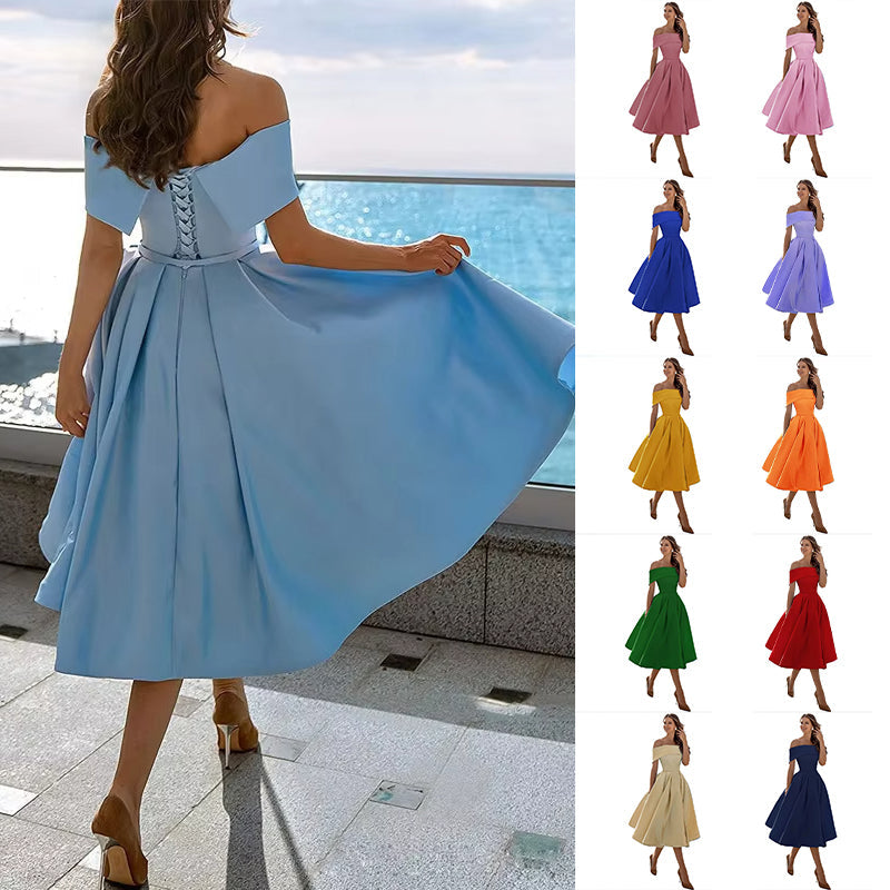Phoebe Walker | Off-Shoulder Tea Length Satin Dress For Women