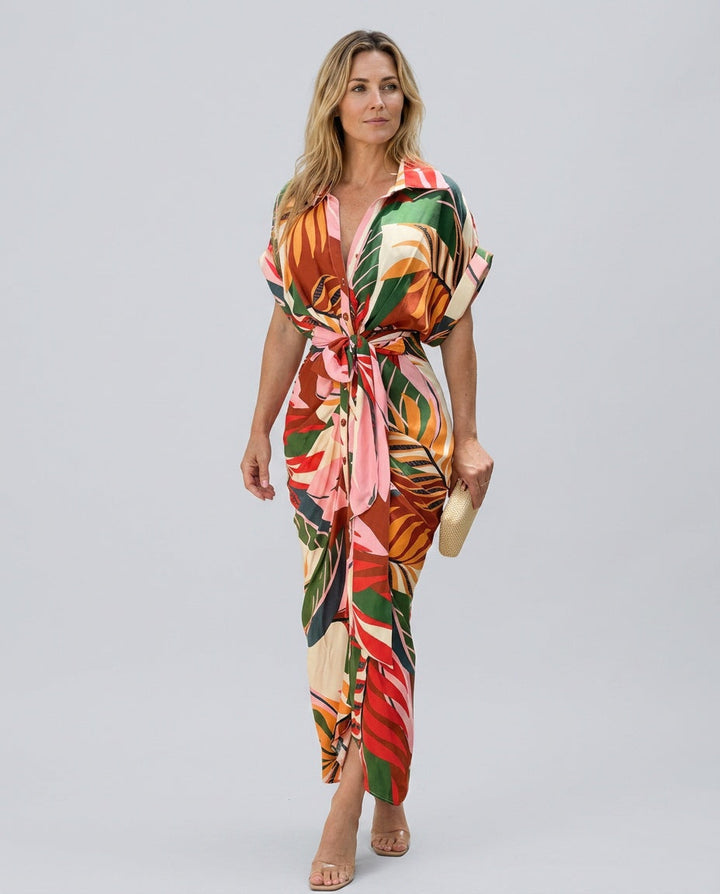 Brooke Callaway | Belted Short Sleeve Midi Shirt Dress For Women