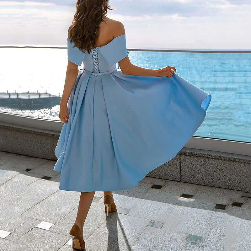 Phoebe Walker | Off-Shoulder Tea Length Satin Dress For Women
