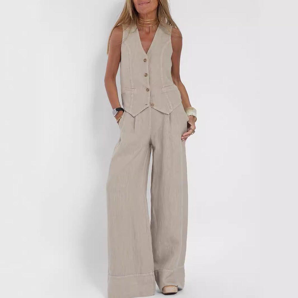 Emma Sheridan | Linen Vest & Wide-Leg Pants Set For Women