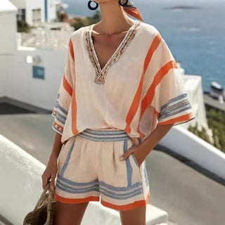 Isla Rafferty | Linen Striped V-Neck Top & Shorts Set For Women