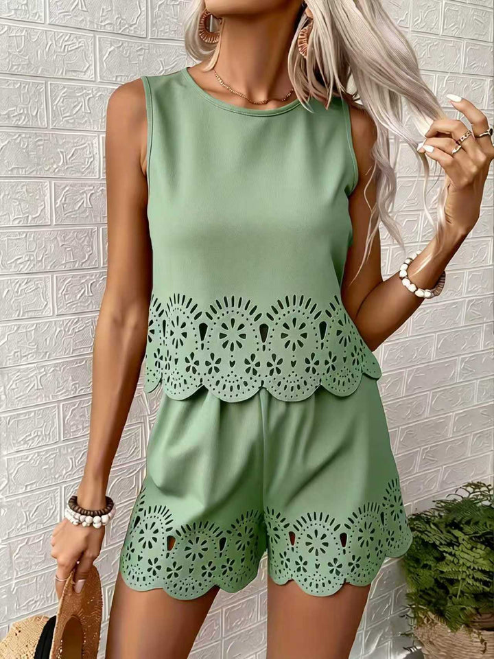 Amelia Rafferty | Eyelet Scallop Crop Tank & Shorts Set For Women — Butter Yellow