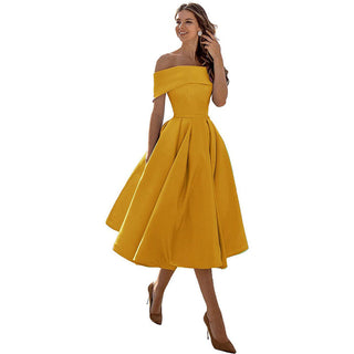 Phoebe Walker | Off-Shoulder Tea Length Satin Dress For Women