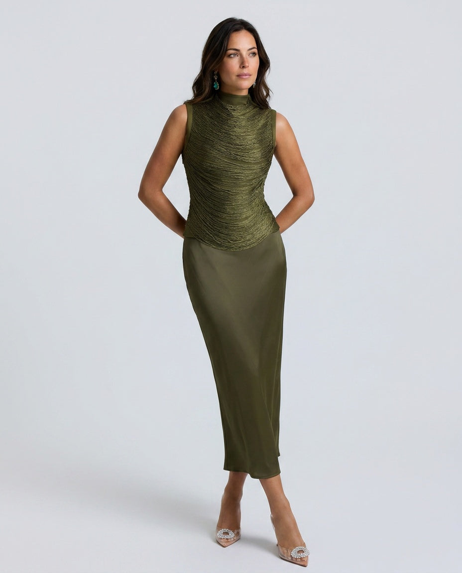 Charlotte Drummond | Ruched Tassel Top & Satin Maxi Skirt Set For Women