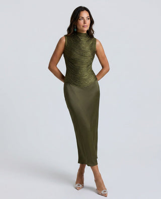 Charlotte Drummond | Ruched Tassel Top & Satin Maxi Skirt Set For Women