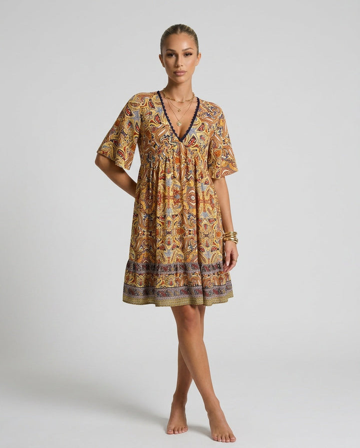 Brooke Flemming | V-Neck Flared Sleeve Paisley Mini Dress For Women