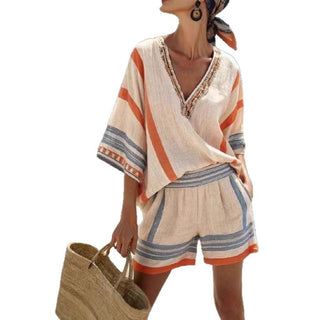 Isla Rafferty | Linen Striped V-Neck Top & Shorts Set For Women