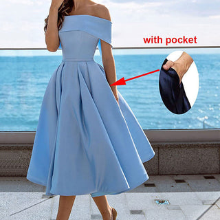 Phoebe Walker | Off-Shoulder Tea Length Satin Dress For Women