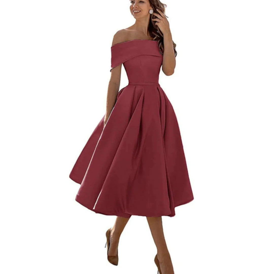 Phoebe Walker | Off-Shoulder Tea Length Satin Dress For Women