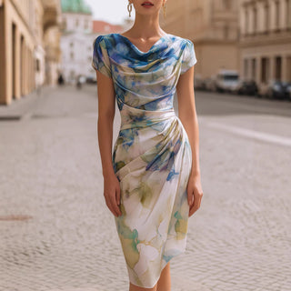 Ava Brown | Floral Cowl Neck Bodycon Midi Dress For Women