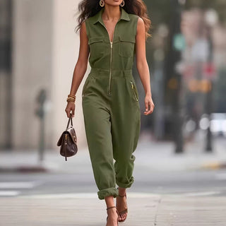 Hannah Clarke | Sleeveless Utility Jumpsuit with Gold Zip For Women