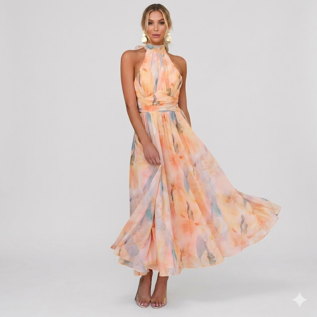 Élodie Moreau | Floral Halter Maxi Dress with Flowing Elegance For Women