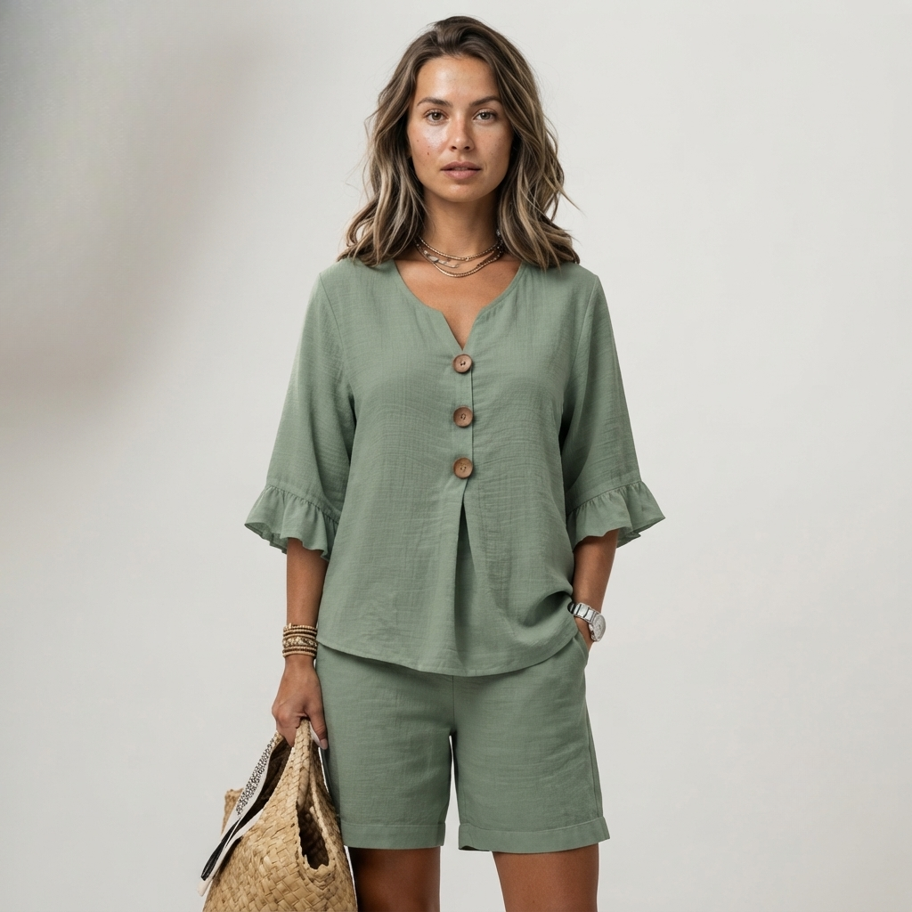 Freya Thornton | Linen Two-Piece Shorts Set with Ruffle Sleeve Detail For Women
