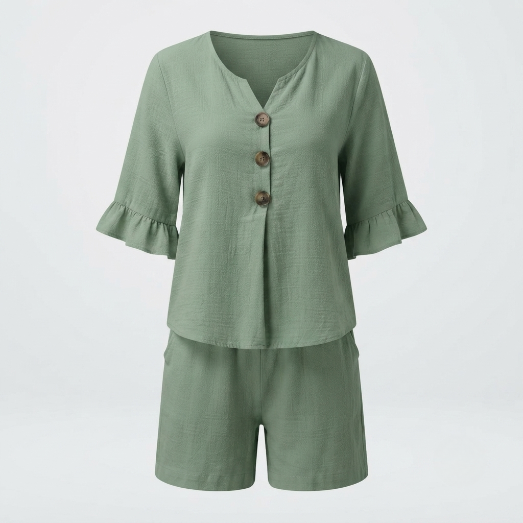 Freya Thornton | Linen Two-Piece Shorts Set with Ruffle Sleeve Detail For Women
