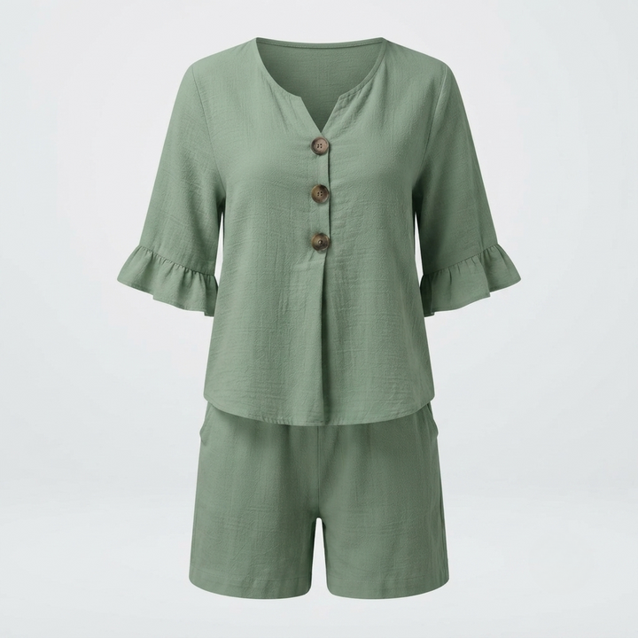 Freya Thornton | Linen Two-Piece Shorts Set with Ruffle Sleeve Detail For Women