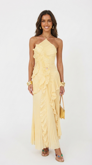 Grace Holloway | Pleated Ruffle Halter Maxi Dress For Women