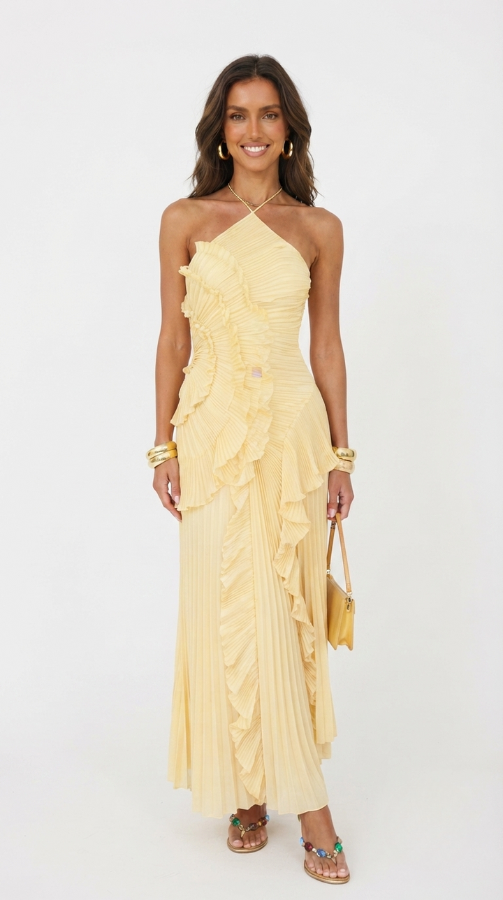 Grace Holloway | Pleated Ruffle Halter Maxi Dress For Women