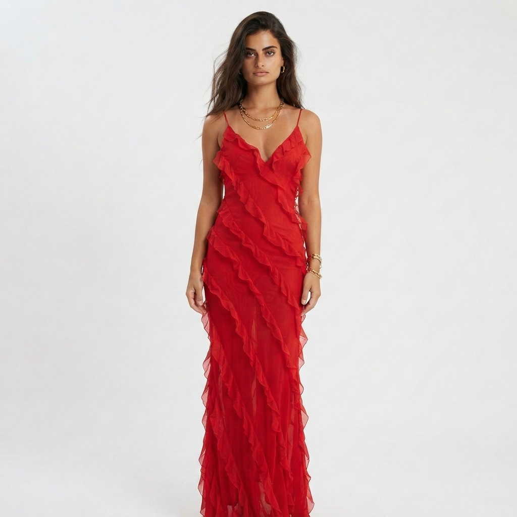 Charlotte Reid | Red Ruffle Maxi Dress For Women