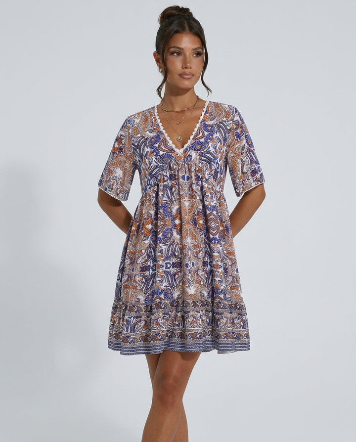 Brooke Flemming | V-Neck Flared Sleeve Paisley Mini Dress For Women