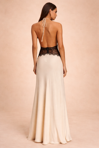 Phoebe Stafford | Halter Neck Satin Maxi Dress with Lace Waist Panel For Women