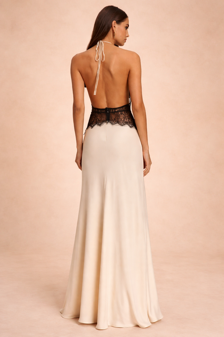 Phoebe Stafford | Halter Neck Satin Maxi Dress with Lace Waist Panel For Women