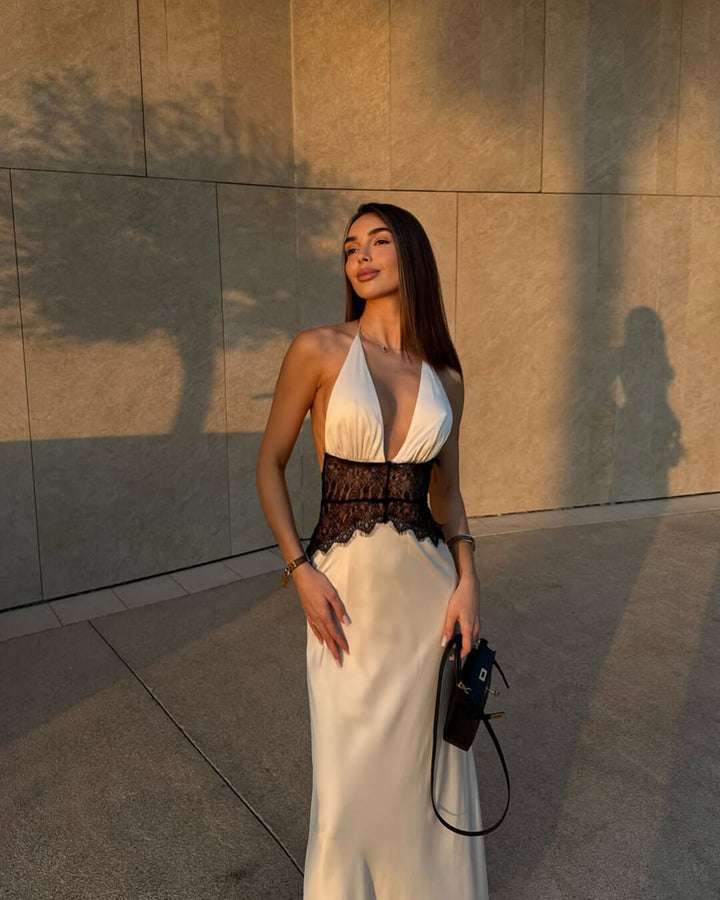 Phoebe Stafford | Halter Neck Satin Maxi Dress with Lace Waist Panel For Women