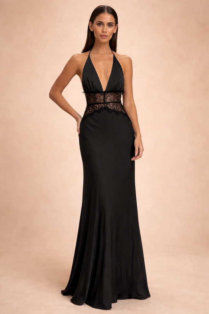 Phoebe Stafford | Halter Neck Satin Maxi Dress with Lace Waist Panel For Women
