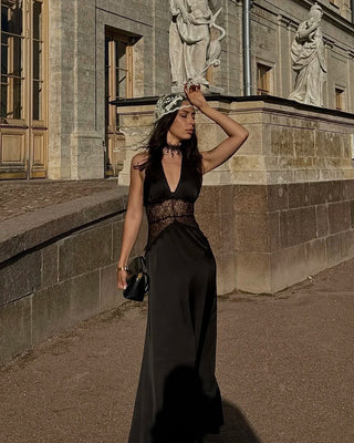 Phoebe Stafford | Halter Neck Satin Maxi Dress with Lace Waist Panel For Women