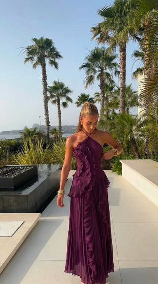 Grace Holloway | Pleated Ruffle Halter Maxi Dress For Women