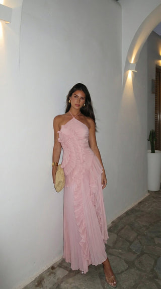 Grace Holloway | Pleated Ruffle Halter Maxi Dress For Women
