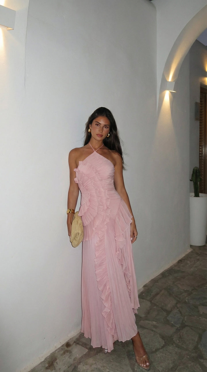 Grace Holloway | Pleated Ruffle Halter Maxi Dress For Women