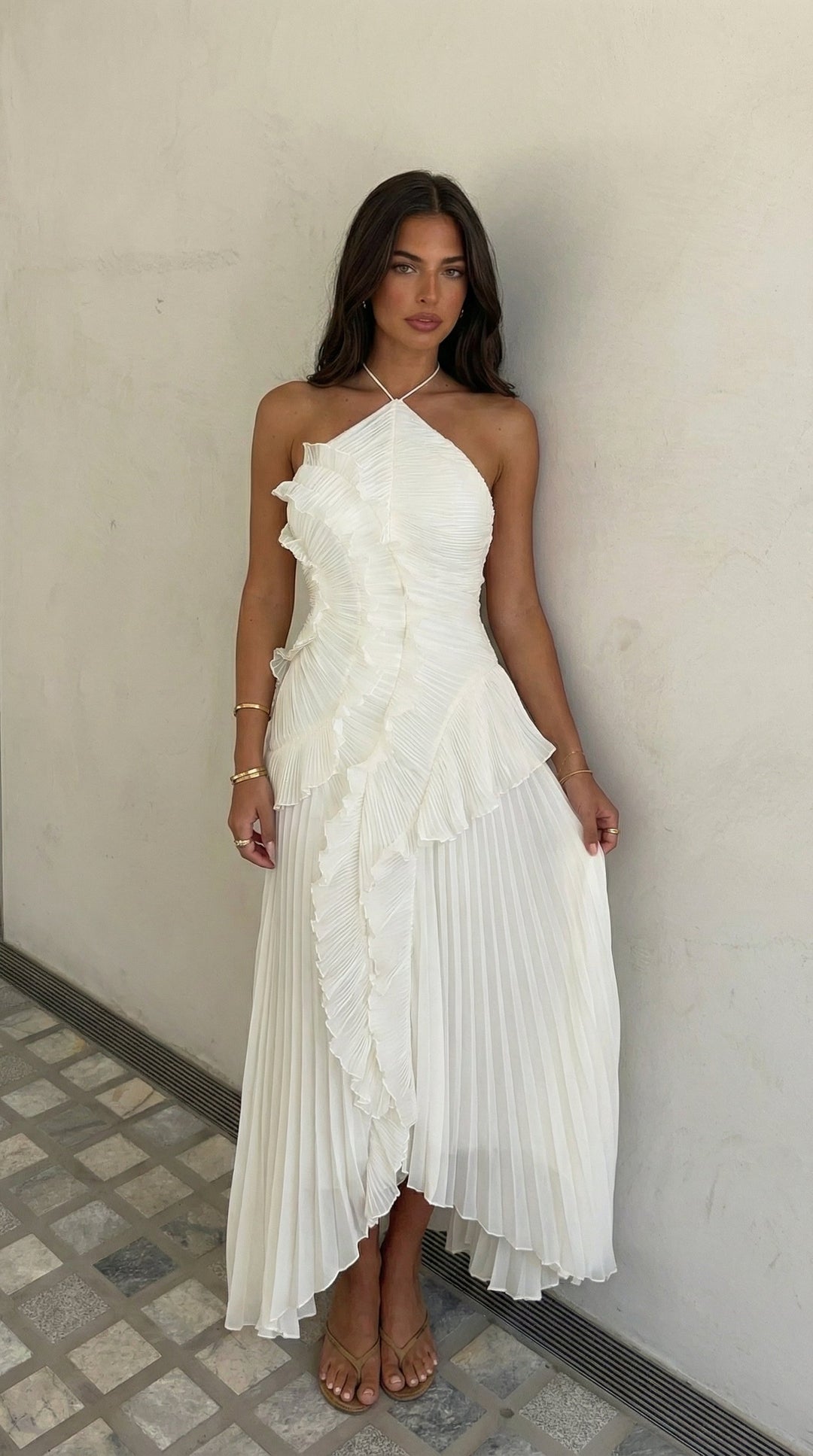 Grace Holloway | Pleated Ruffle Halter Maxi Dress For Women