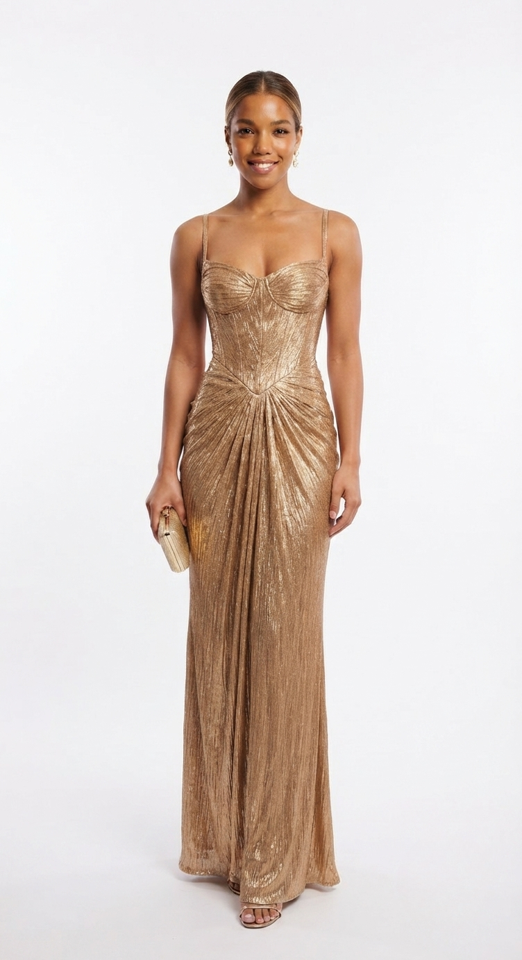 Imogen Sutton | Gold Metallic Corset Maxi Dress For Women