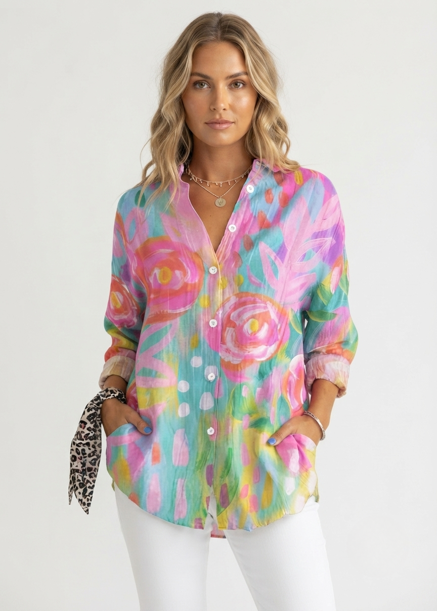 Charlotte King | Vibrant Floral Print Cotton Blouse For Women