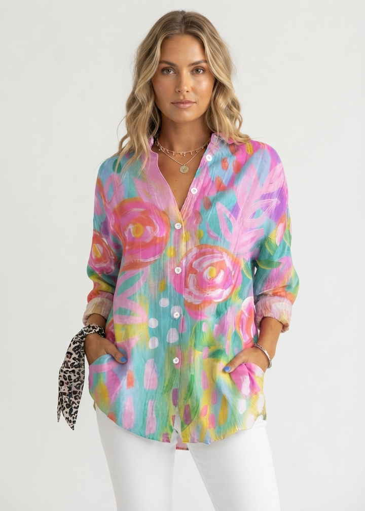 Charlotte King | Vibrant Floral Print Cotton Blouse For Women