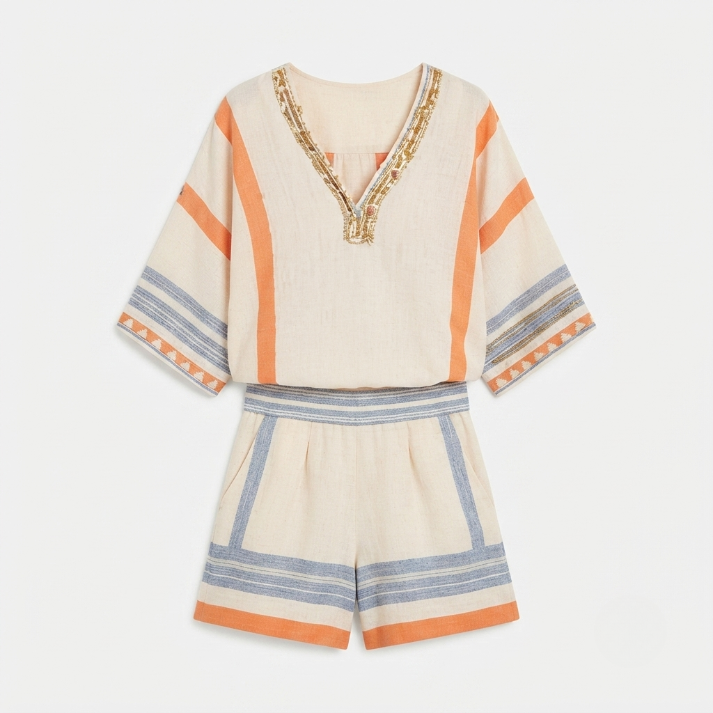 Isla Rafferty | Linen Striped V-Neck Top & Shorts Set For Women