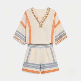 Isla Rafferty | Linen Striped V-Neck Top & Shorts Set For Women
