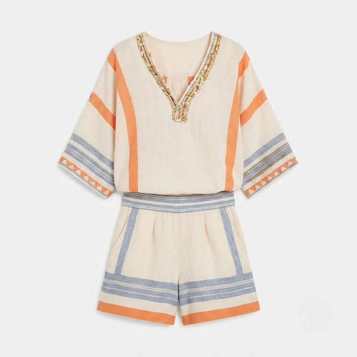 Isla Rafferty | Linen Striped V-Neck Top & Shorts Set For Women
