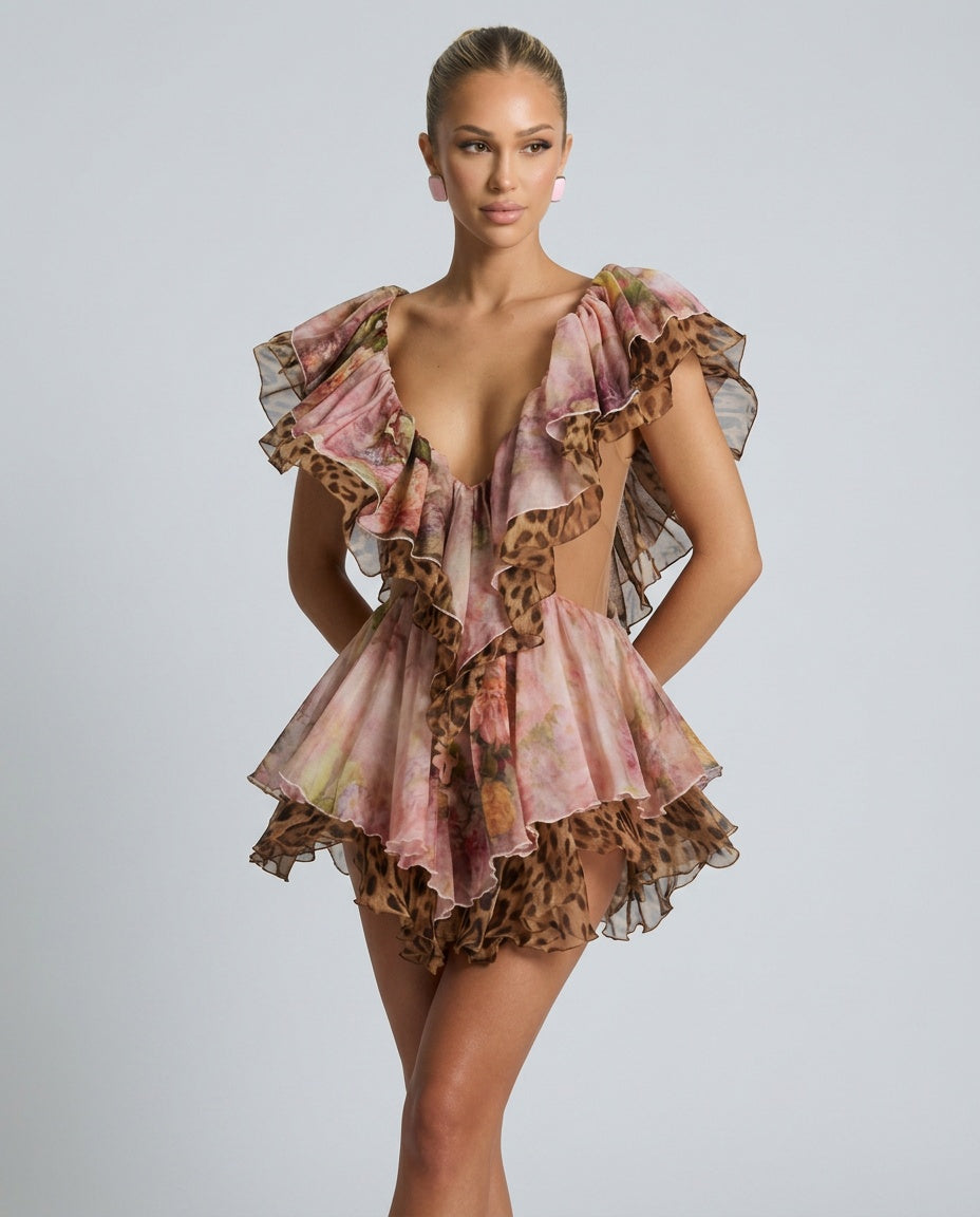 Charlotte Hennessy | Leopard Print Cut-Out Frill Mini Dress For Women