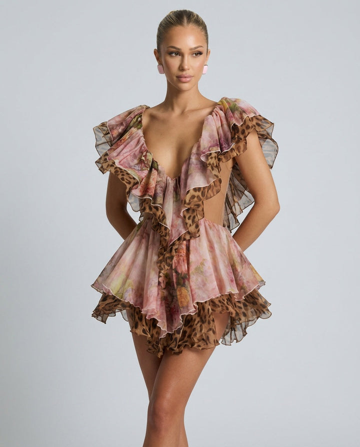 Charlotte Hennessy | Leopard Print Cut-Out Frill Mini Dress For Women