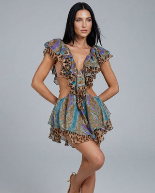 Charlotte Hennessy | Leopard Print Cut-Out Frill Mini Dress For Women