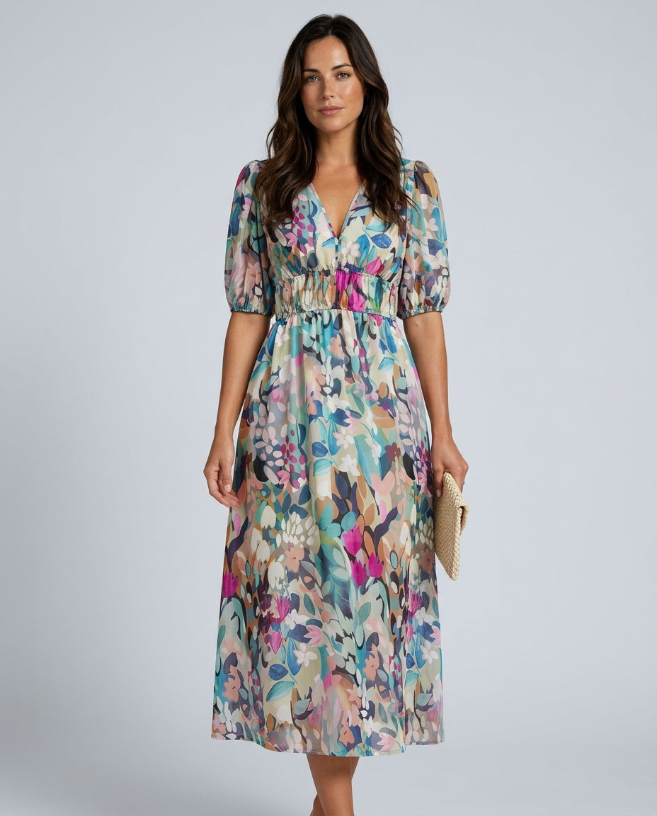 Phoebe Harrison | V-Neck Puff Sleeve Pleated Midi Dress For Women
