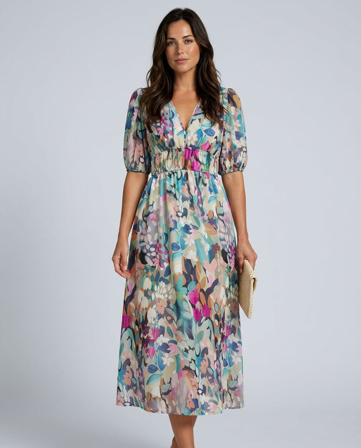 Phoebe Harrison | V-Neck Puff Sleeve Pleated Midi Dress For Women