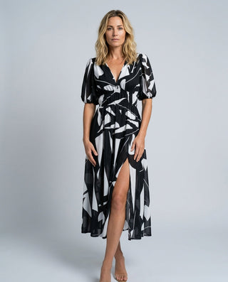 Phoebe Harrison | V-Neck Puff Sleeve Pleated Midi Dress For Women