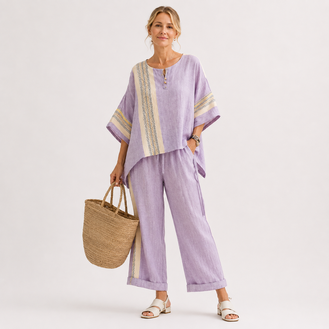Sienna Rafferty | Linen Contrast Trim Two-Piece Set For Women