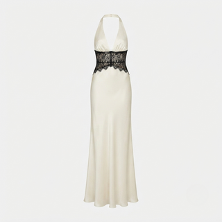 Phoebe Stafford | Halter Neck Satin Maxi Dress with Lace Waist Panel For Women