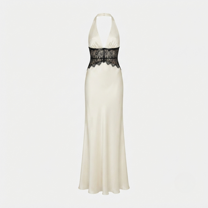 Phoebe Stafford | Halter Neck Satin Maxi Dress with Lace Waist Panel For Women