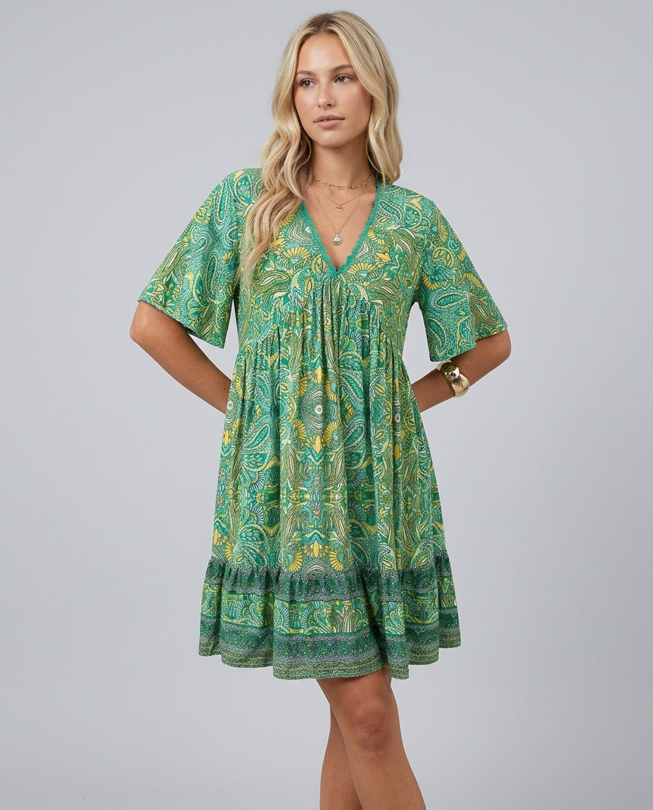 Brooke Flemming | V-Neck Flared Sleeve Paisley Mini Dress For Women